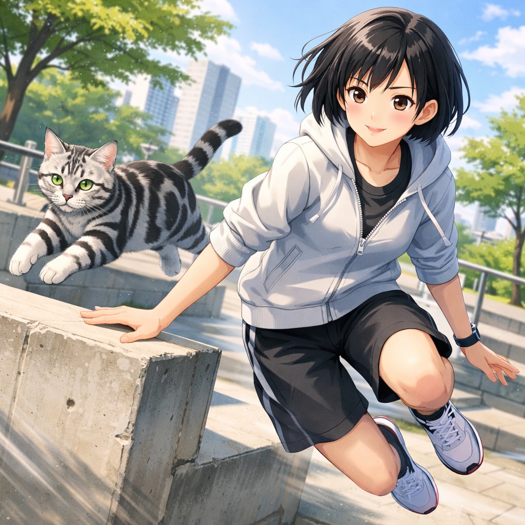 猫とパルクールをする女の子