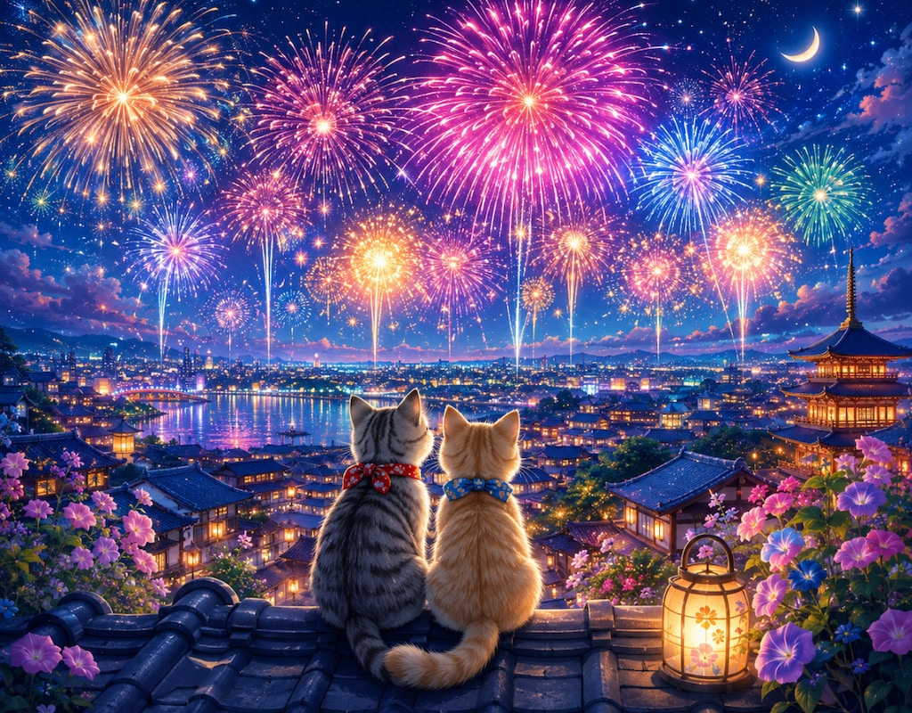 屋根の上で見る花火