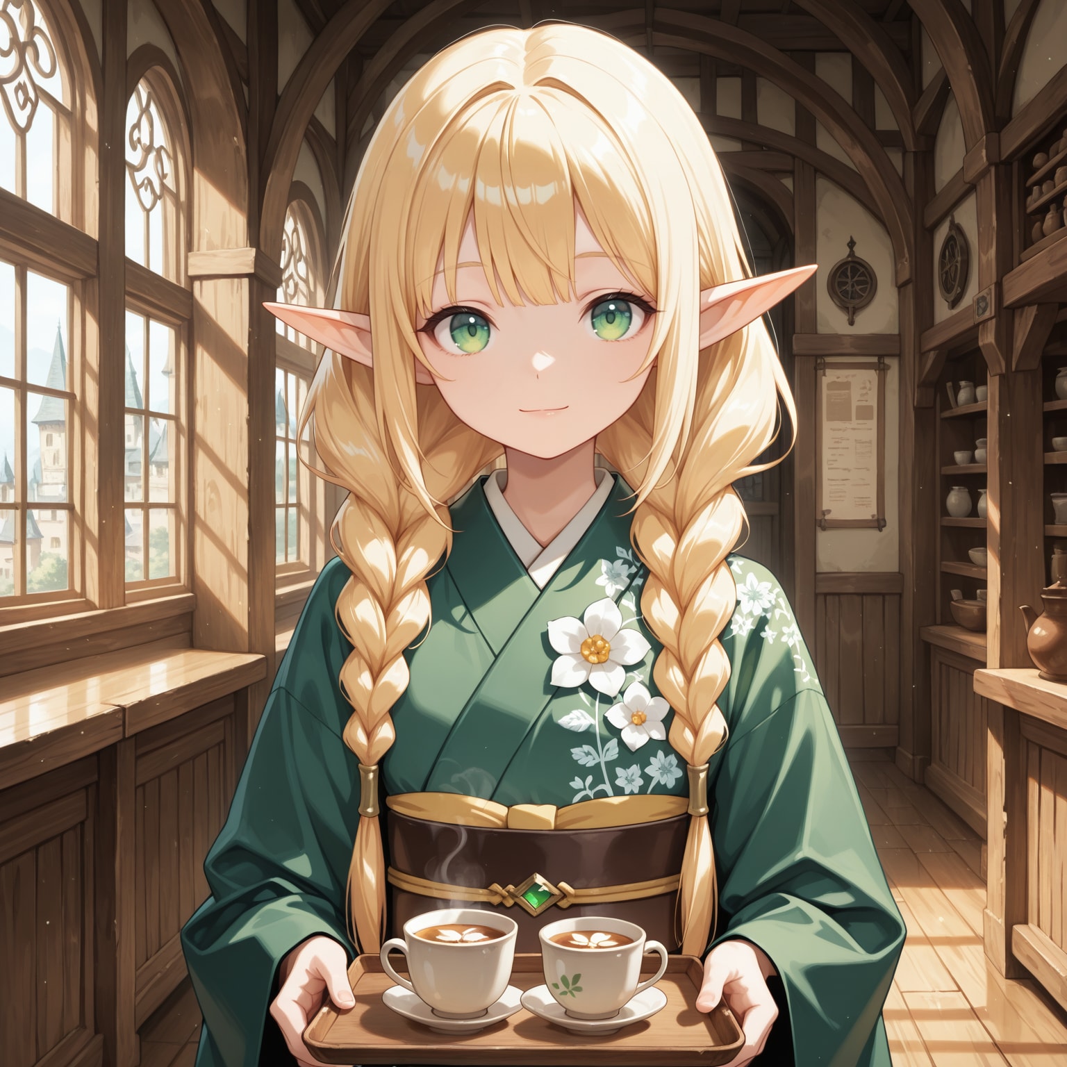 御茶を用意してくれる着物姿のエルフ魔女さん | の人気AIイラスト・グラビア