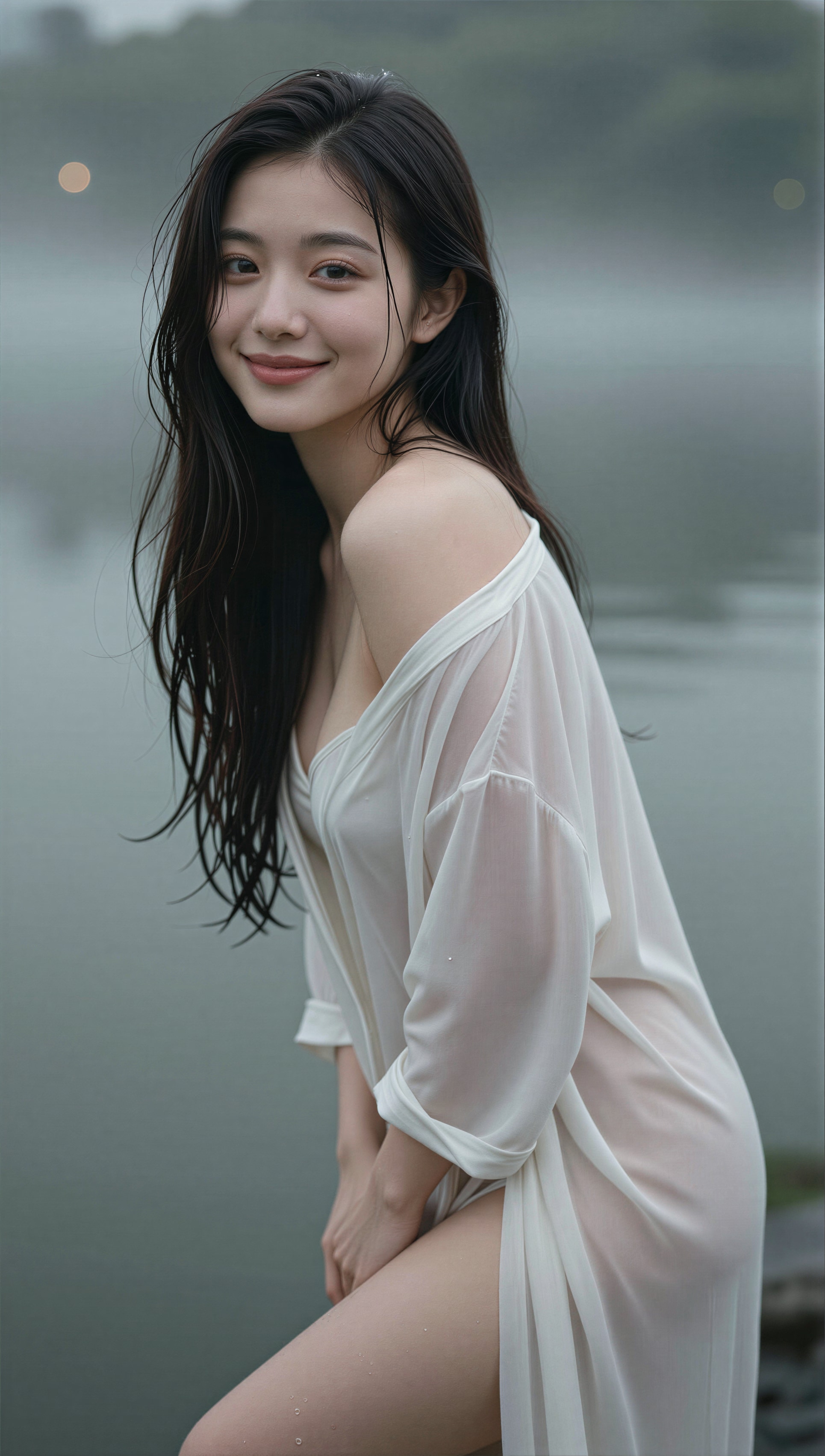 湖畔に立つ女性