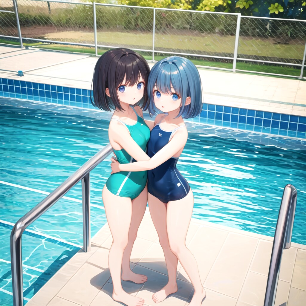 プールサイドでハグ