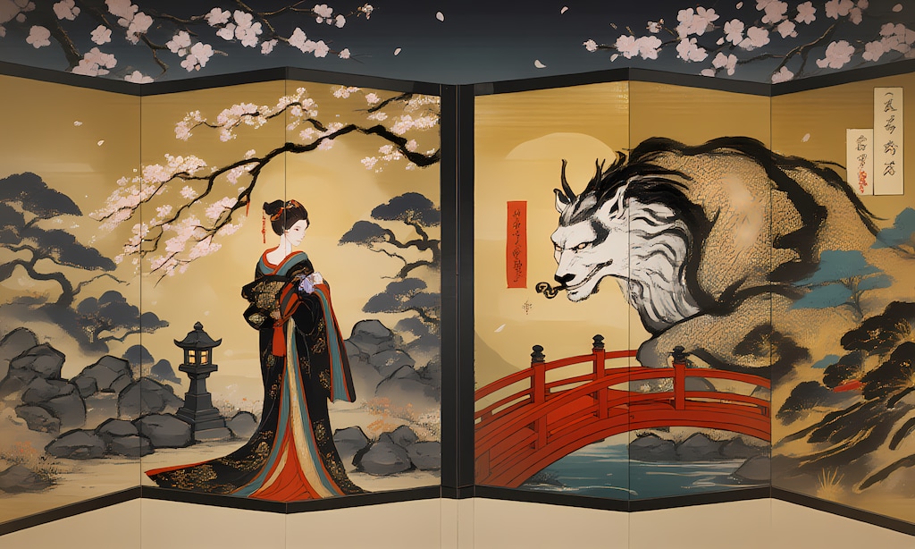 あのディ〇ニー版「美女と野獣」のイメージを日本画による屏風絵で