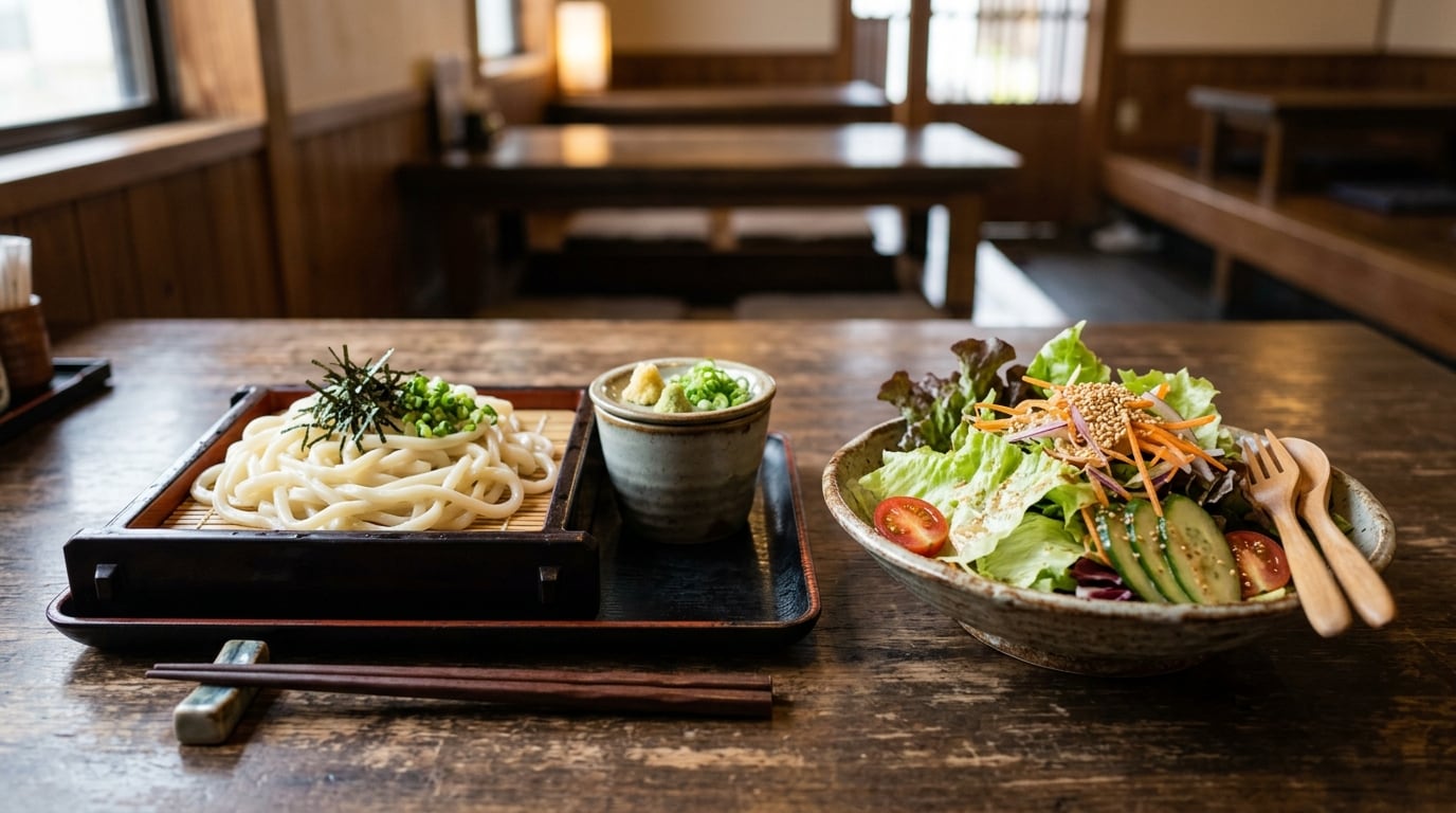 摩訶不思議食堂の冷やしうどんとレタスサラダのセット