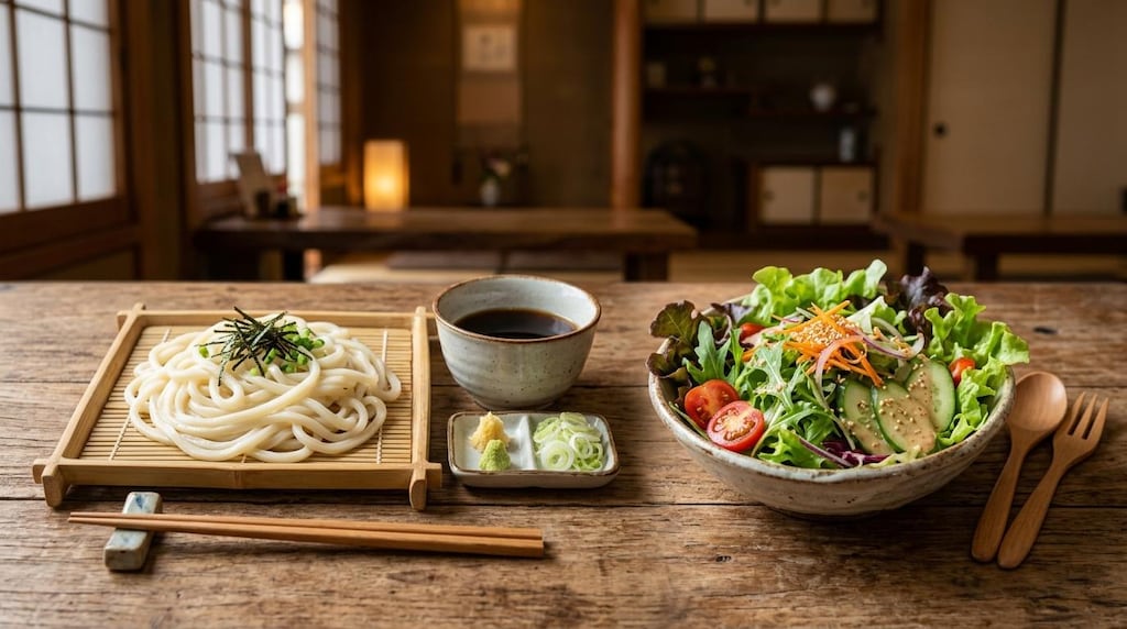 摩訶不思議食堂の冷やしうどんとレタスサラダのセット