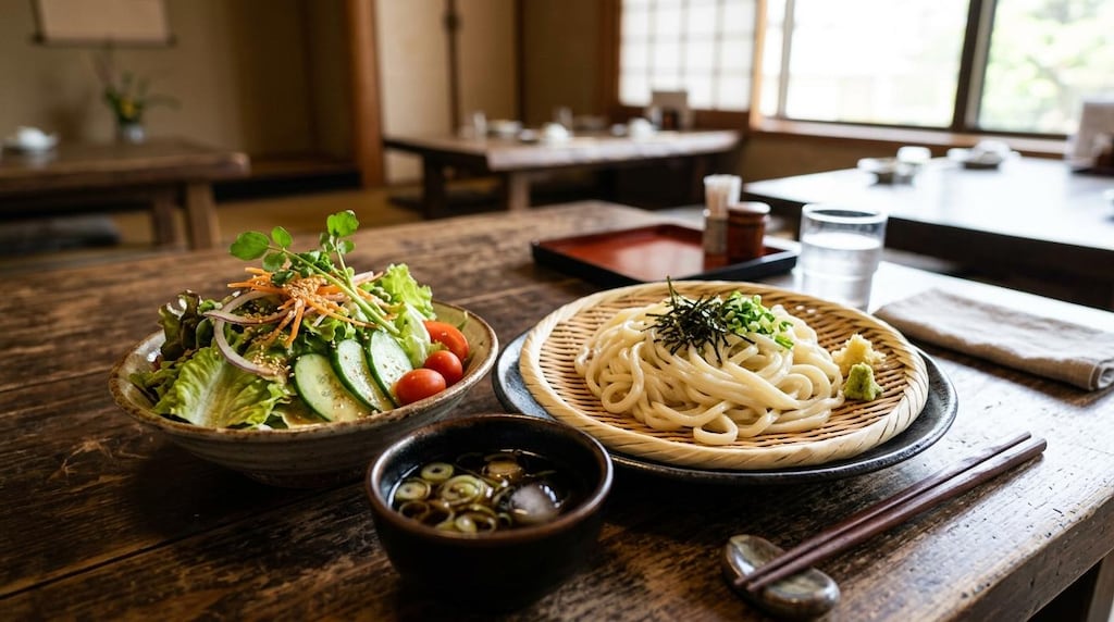 摩訶不思議食堂の冷やしうどんとレタスサラダのセット