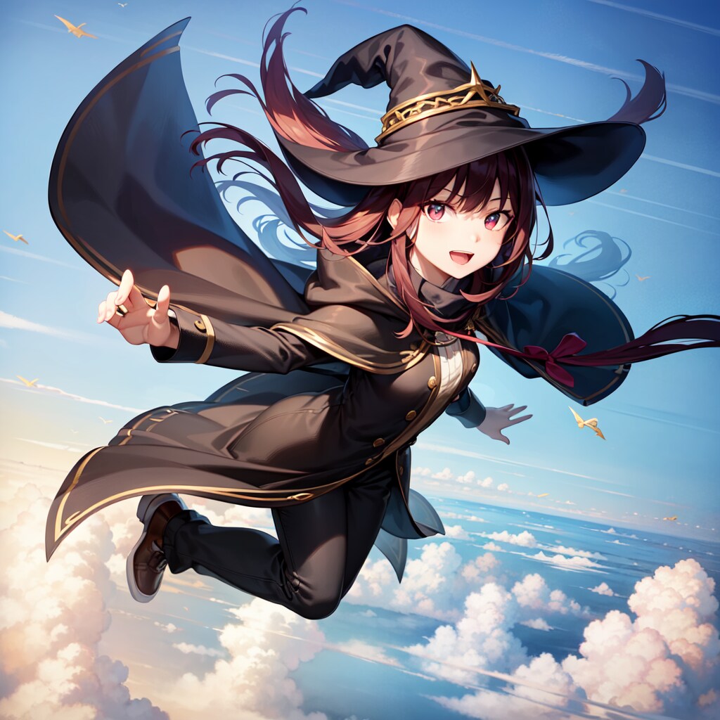 風魔法で飛行中の魔女