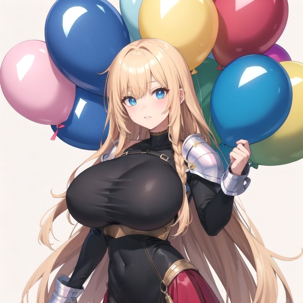 いっぱい色とりどりの風船を持つブロンドロングの美女騎士