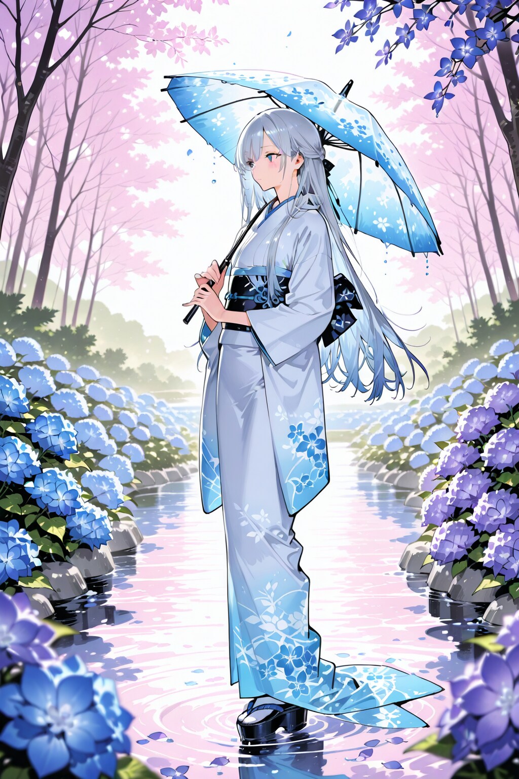 湖畔の紫陽花と美少女