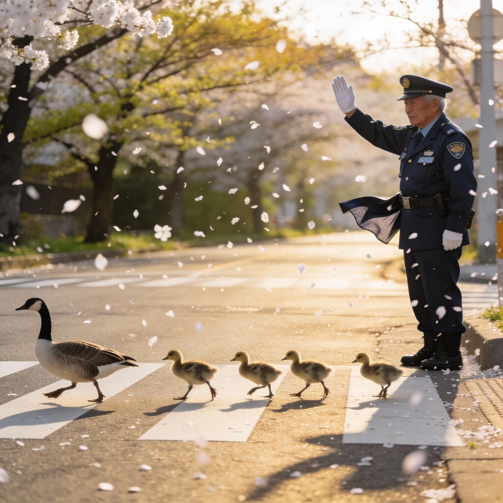 カモの親子と警察官