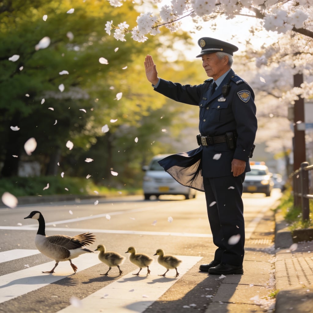 カモの親子と警察官