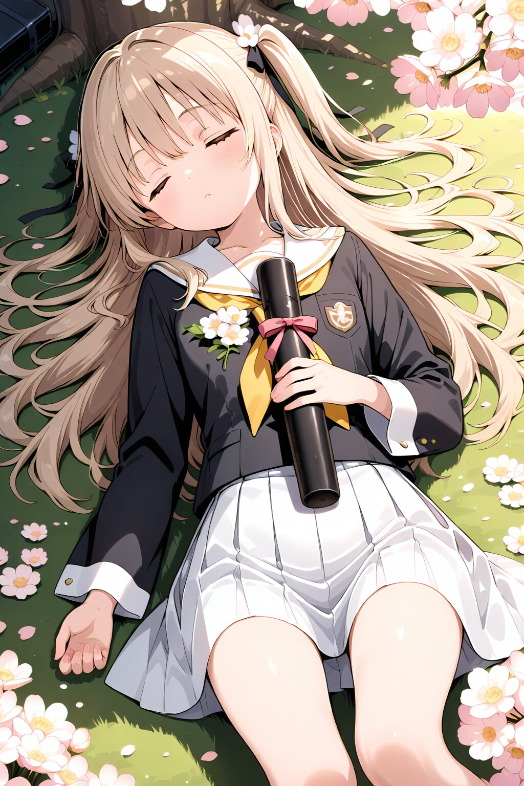 桜の下で感慨に耽る卒業生