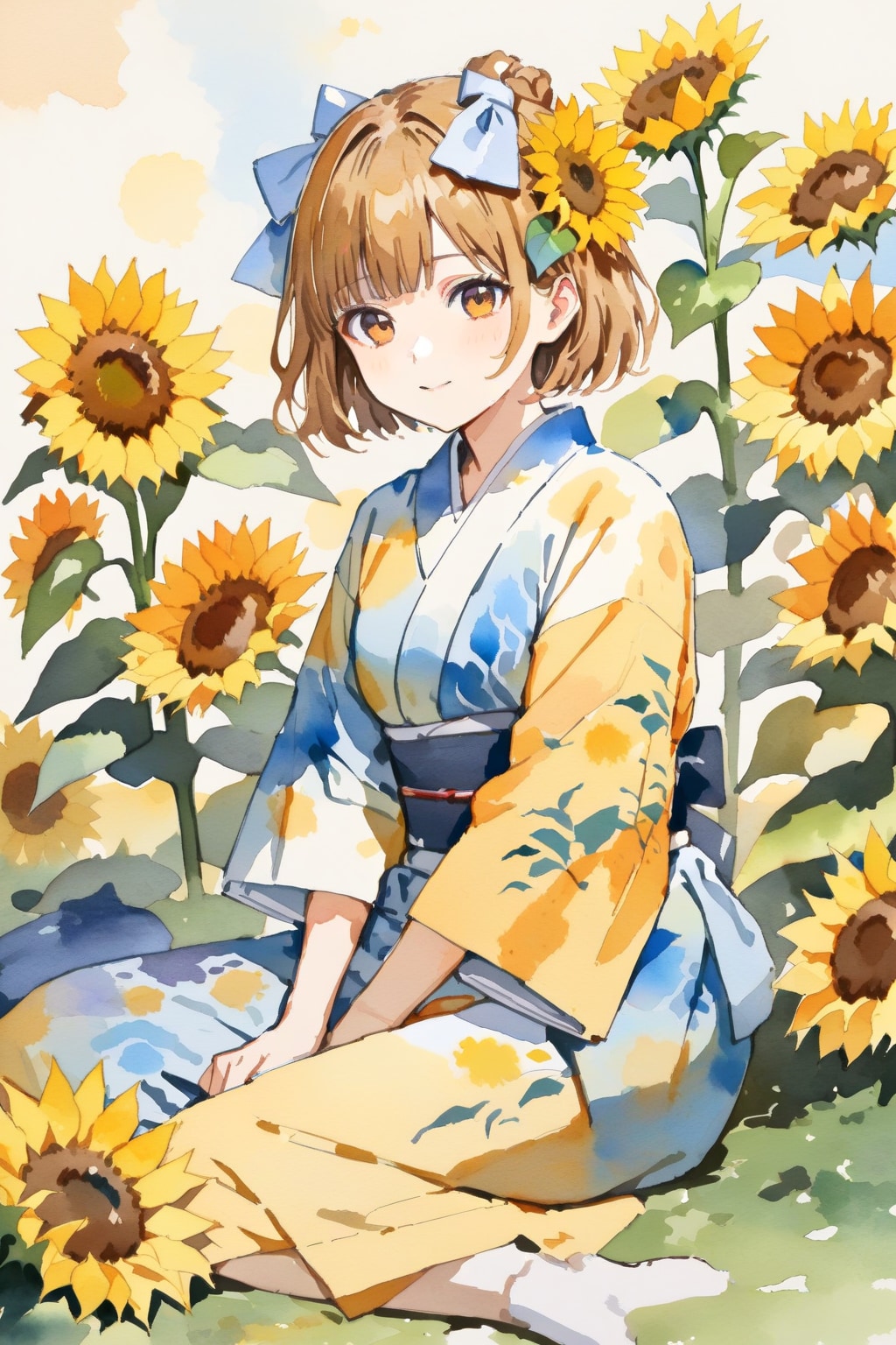 向日葵と浴衣の少女
