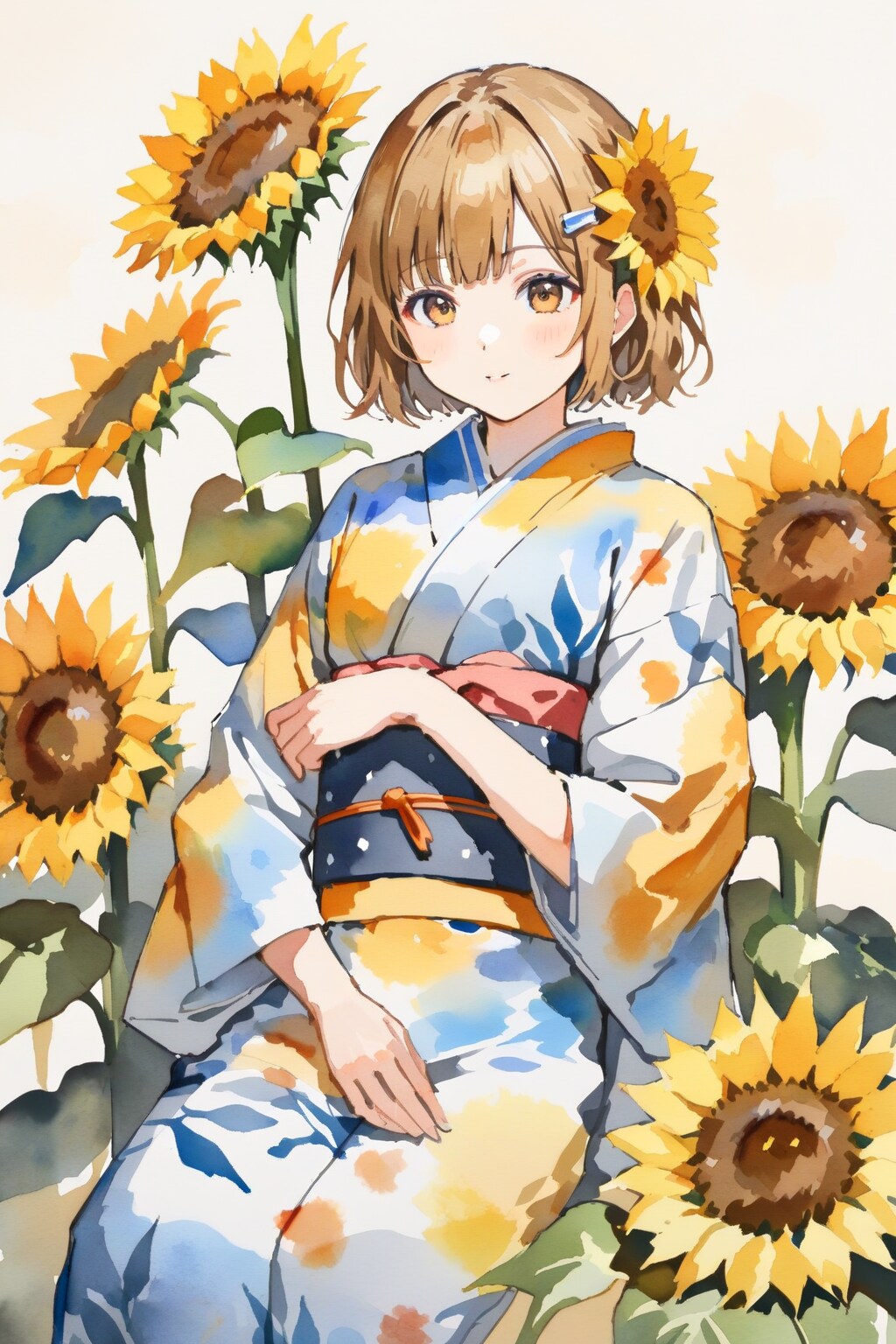向日葵と浴衣の少女
