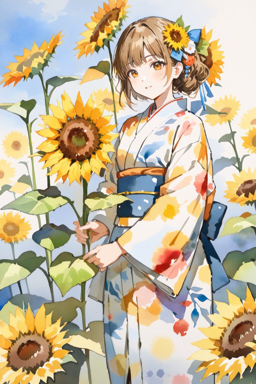 向日葵と浴衣の少女