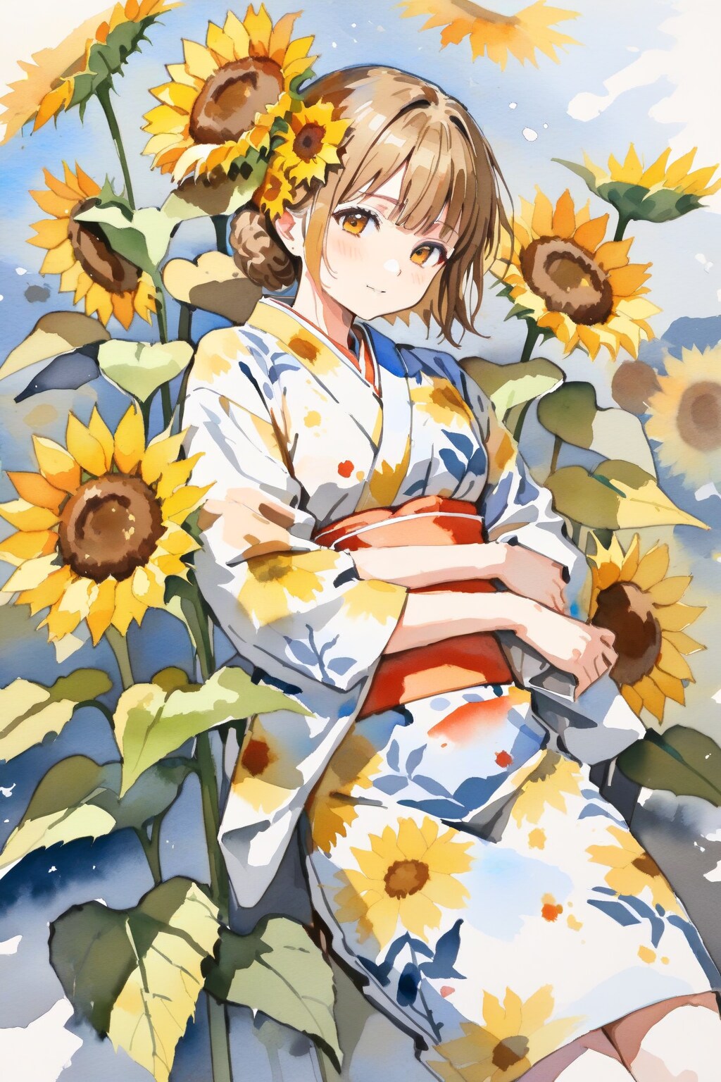 向日葵と浴衣の少女