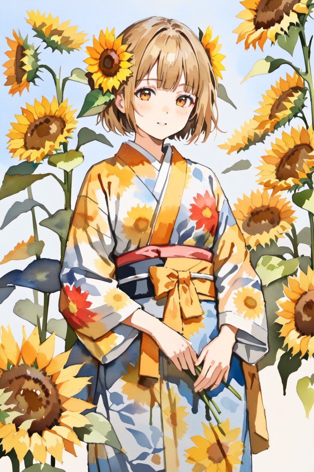 向日葵と浴衣の少女