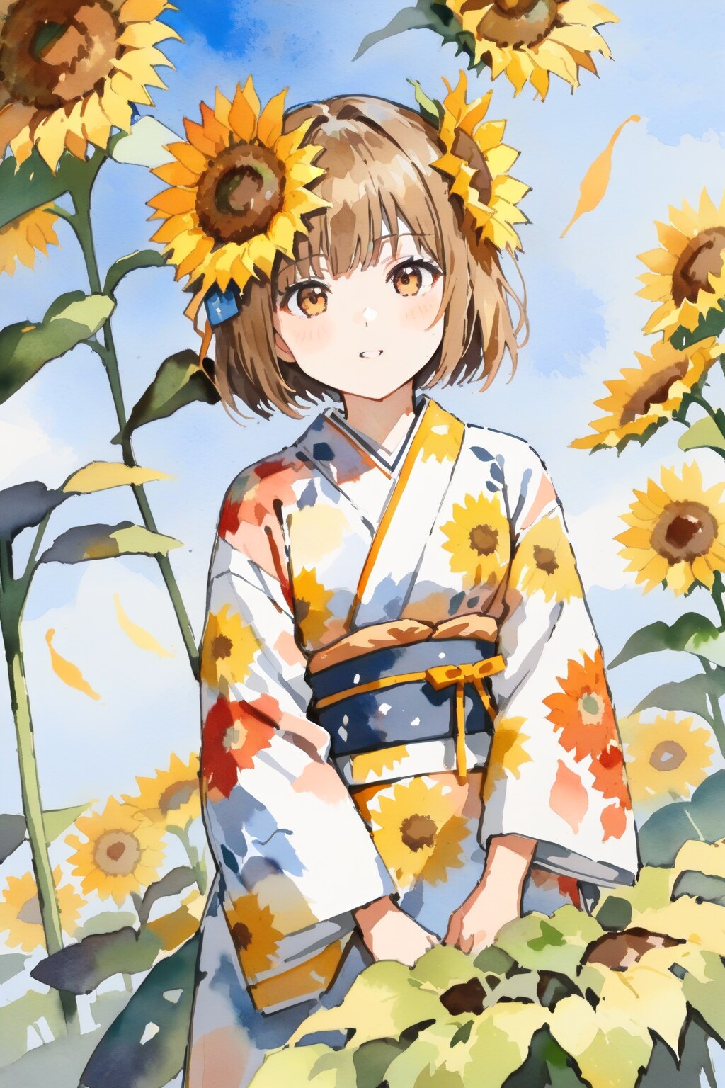向日葵と浴衣の少女