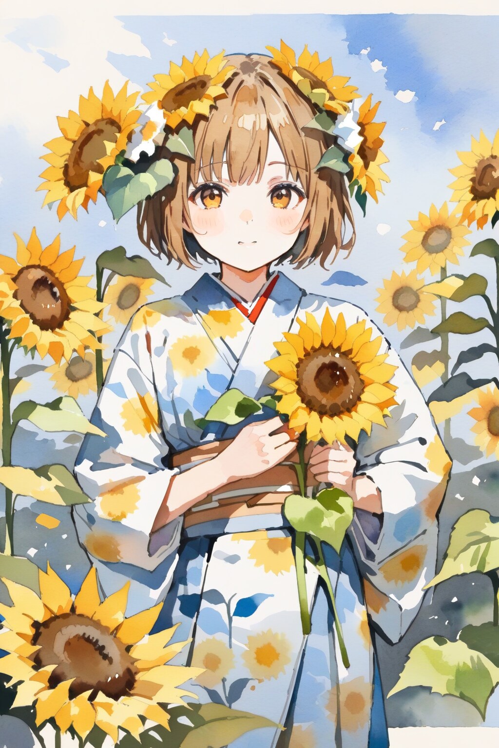 向日葵と浴衣の少女
