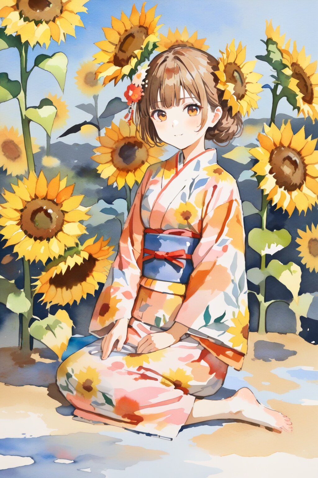 向日葵と浴衣の少女
