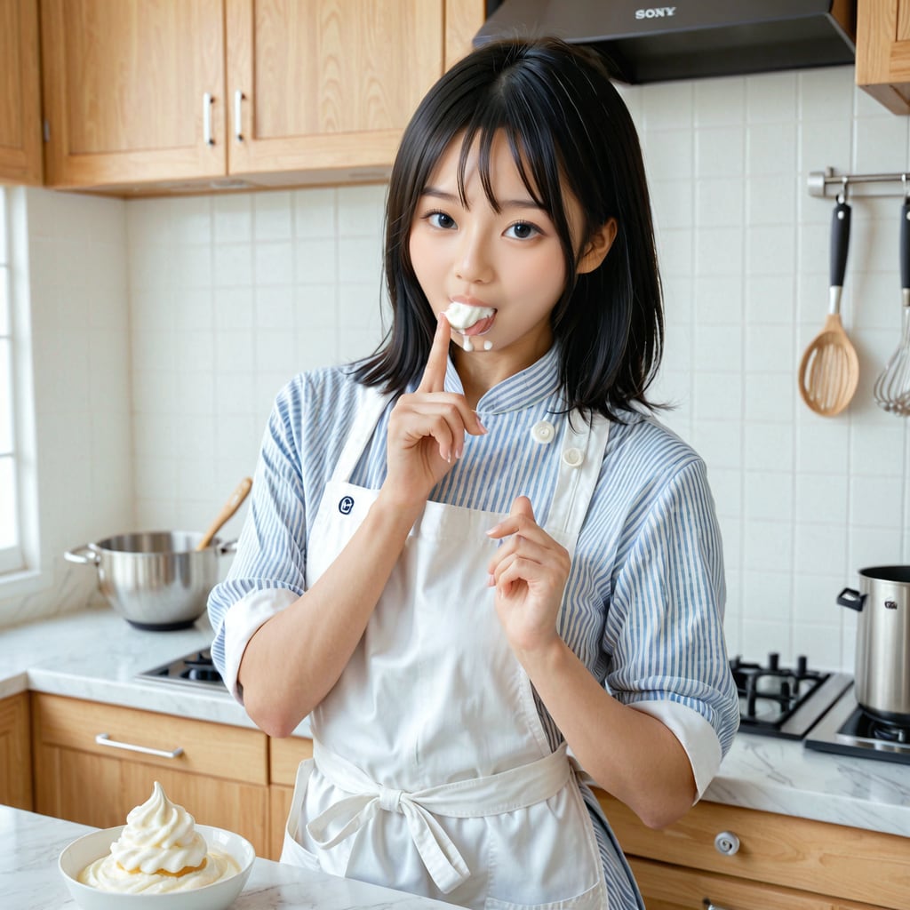 今日はパティシエです。生クリームをつまみ食い