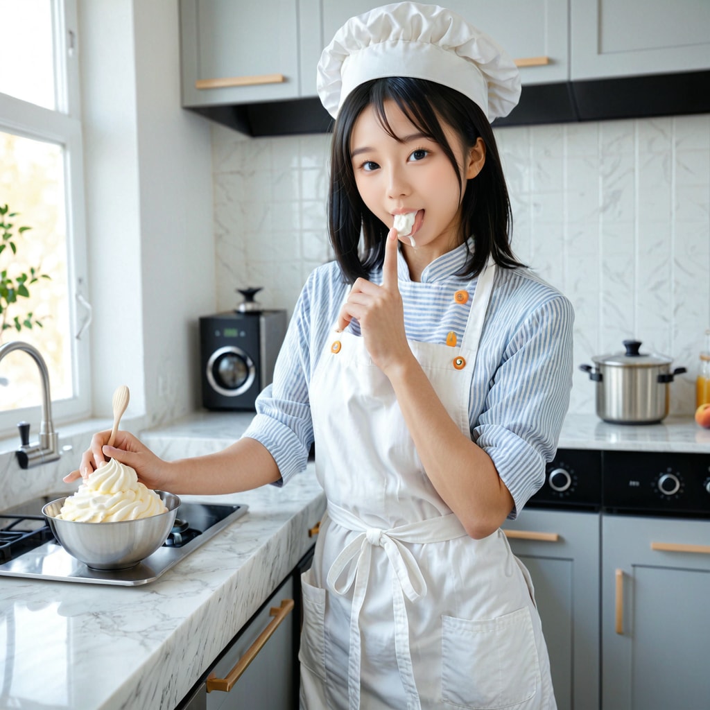今日はパティシエです。生クリームをつまみ食い