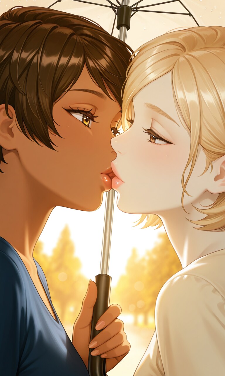 傘で隠して唇を…♥