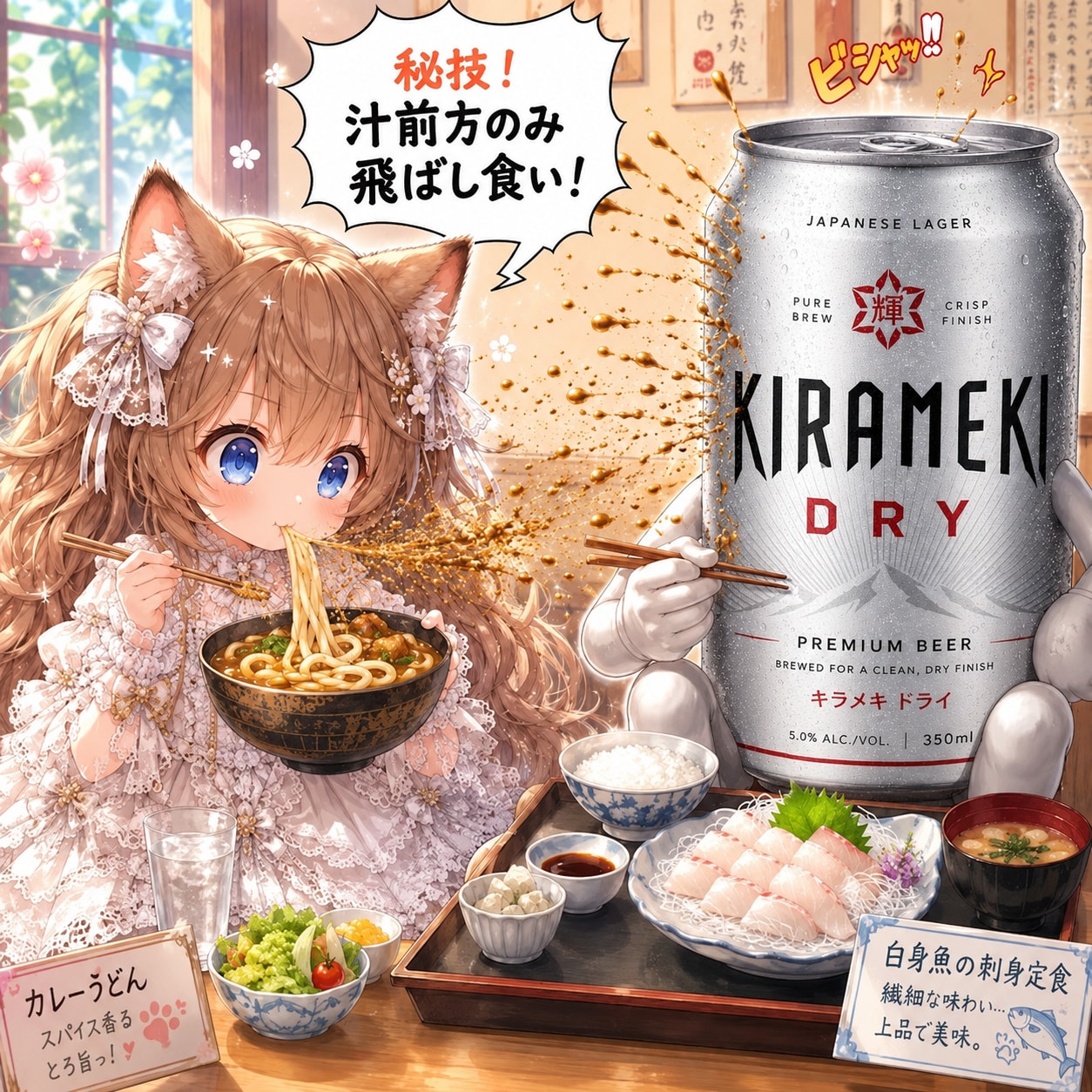 カレーうどんを汚さず食べる小さな女の子