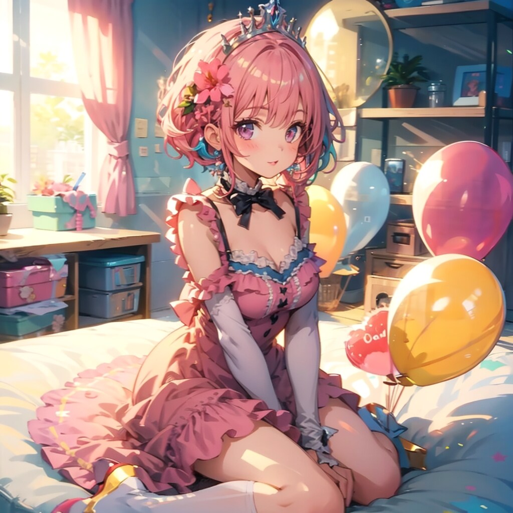 いっぱい色とりどりの風船を持つピンク髪ショートカットのお姫様