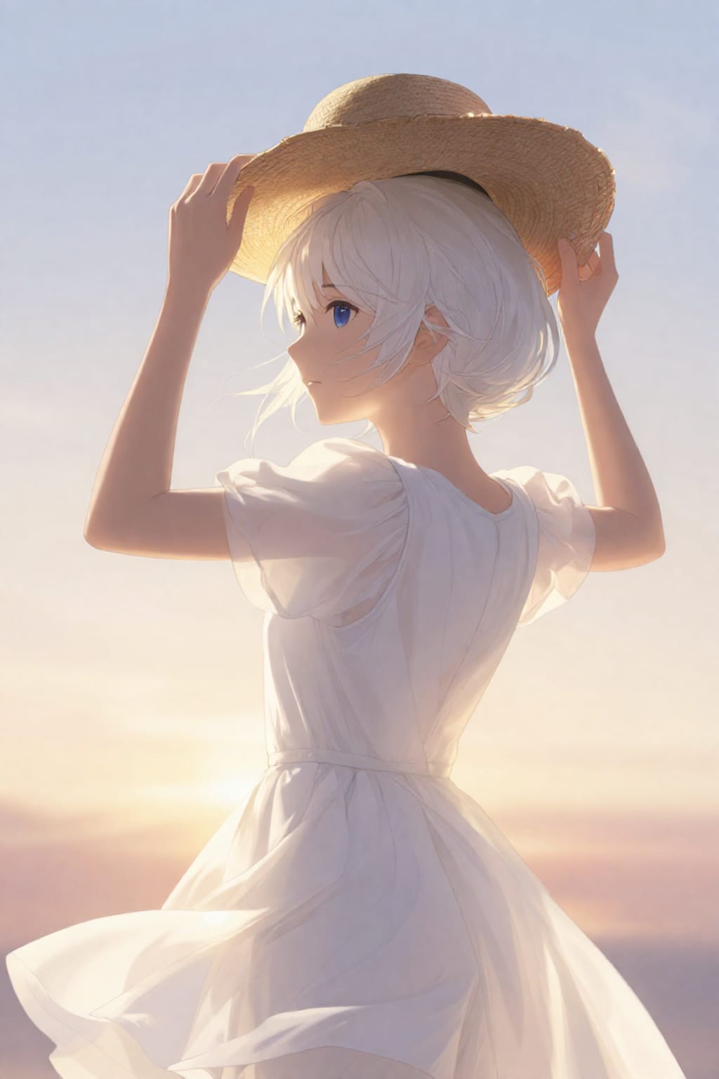 麦わらと白髪美女と夕日／朝日