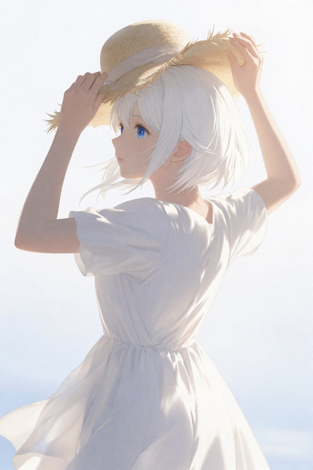 麦わらと白髪美女と夕日／朝日