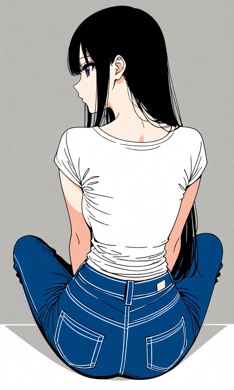 背中、ロングヘア、Tシャツ、ジーンズ | の人気AIイラスト・グラビア