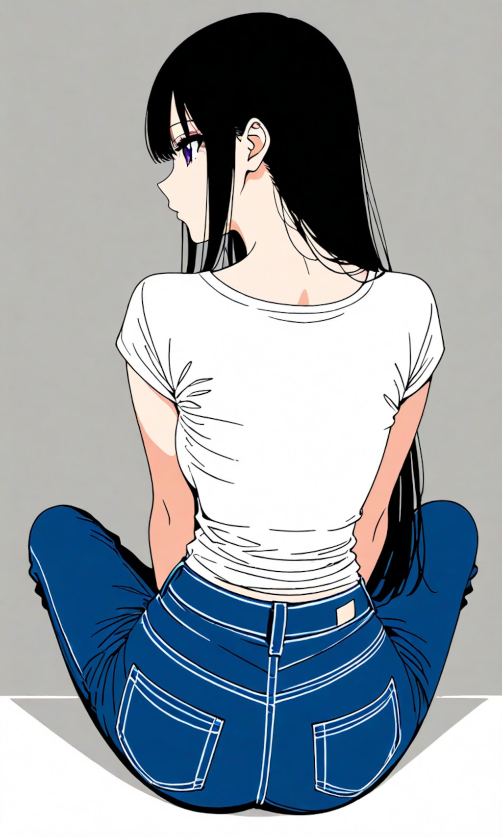 背中、ロングヘア、Tシャツ、ジーンズ