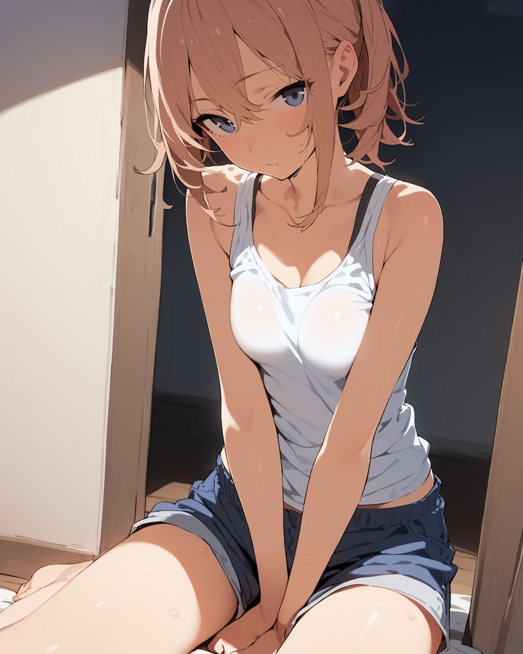 家でタンクトップの子