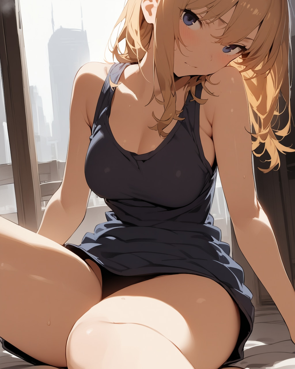 家でタンクトップの子