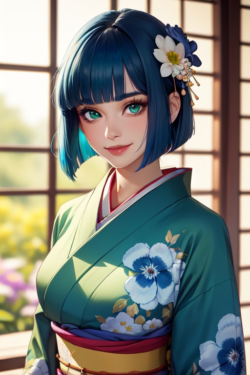 青髪ボブ娘の着物姿 | の人気AIイラスト・グラビア