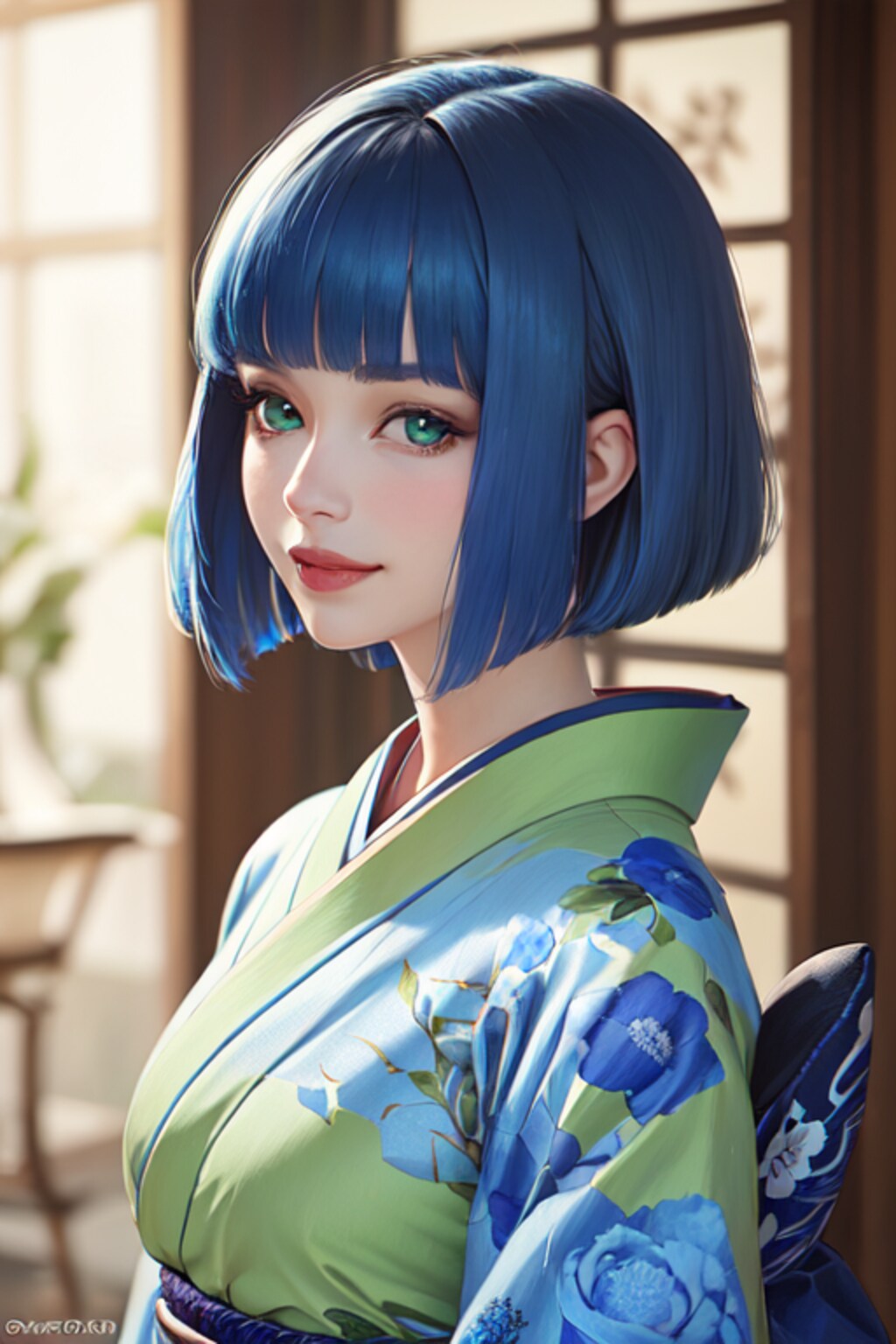 青髪ボブ娘の着物姿