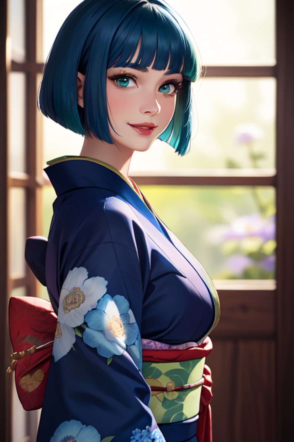 青髪ボブ娘の着物姿