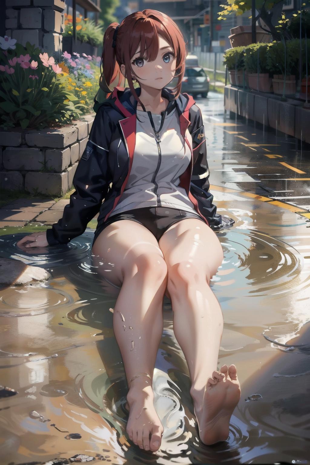 水たまりに寝そべる女の子