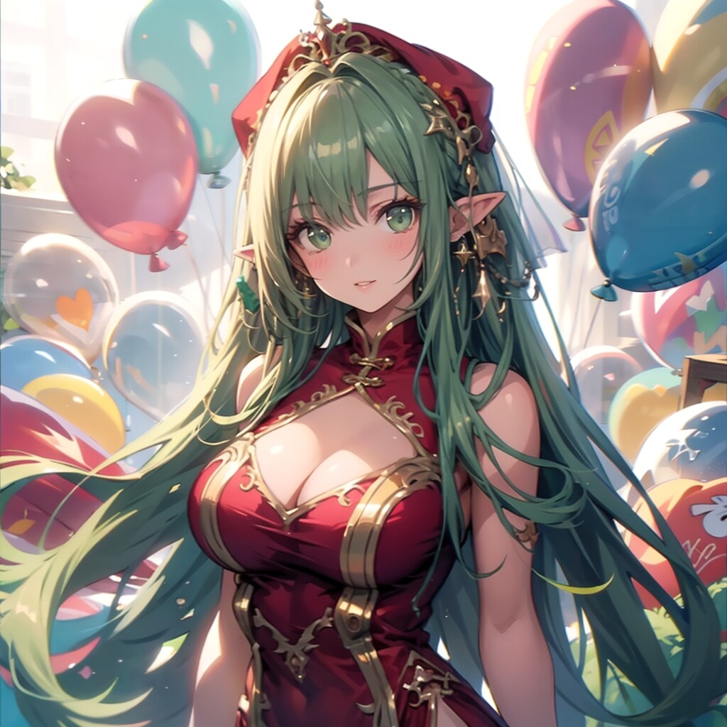 いっぱい色とりどりの風船を持つ緑髪ロングのチャイナドレス着た美女