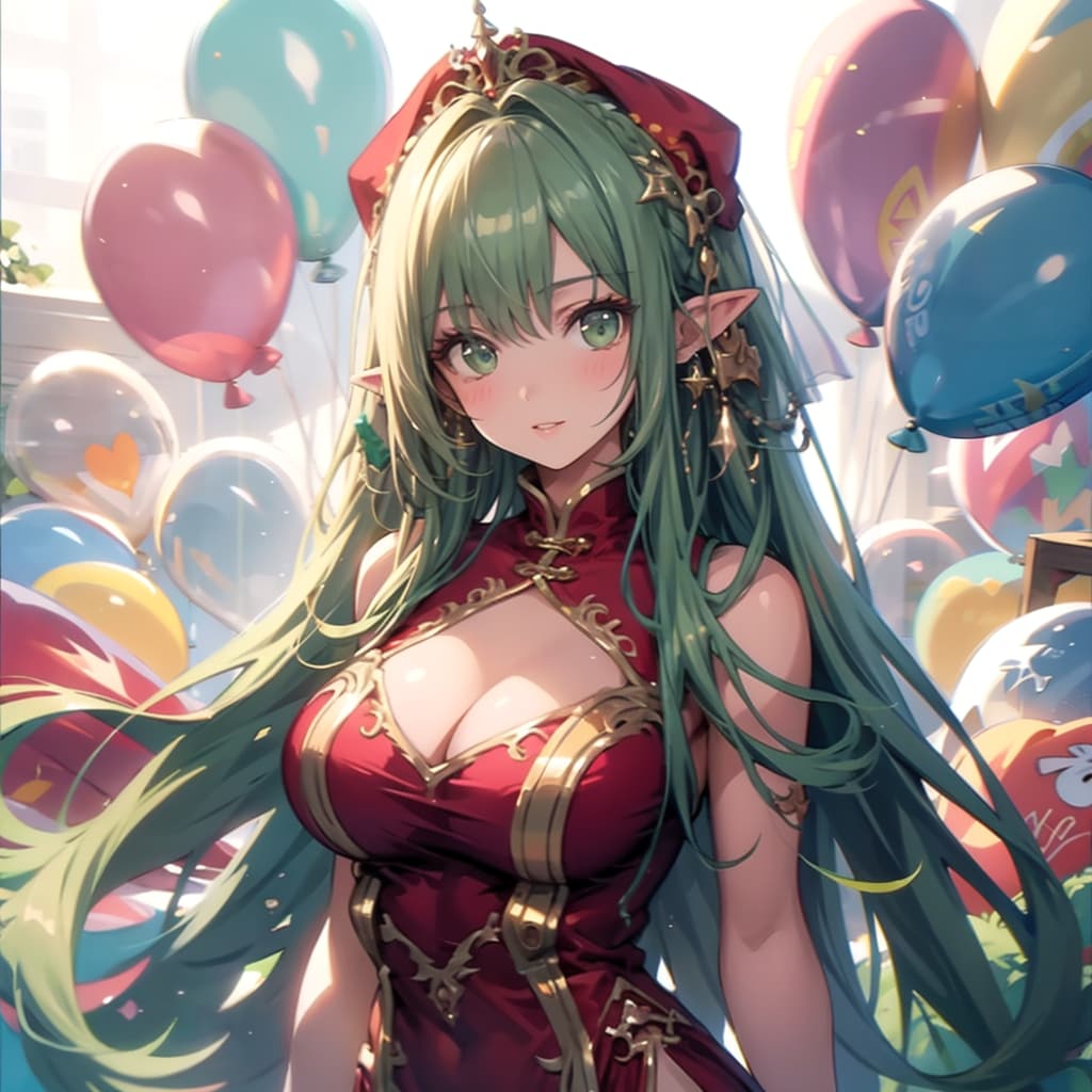 いっぱい色とりどりの風船を持つ緑髪ロングのチャイナドレス着た美女