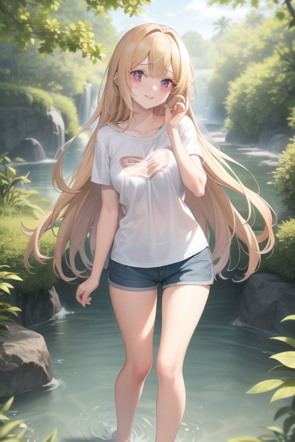 水辺で佇む金色の髪の少女