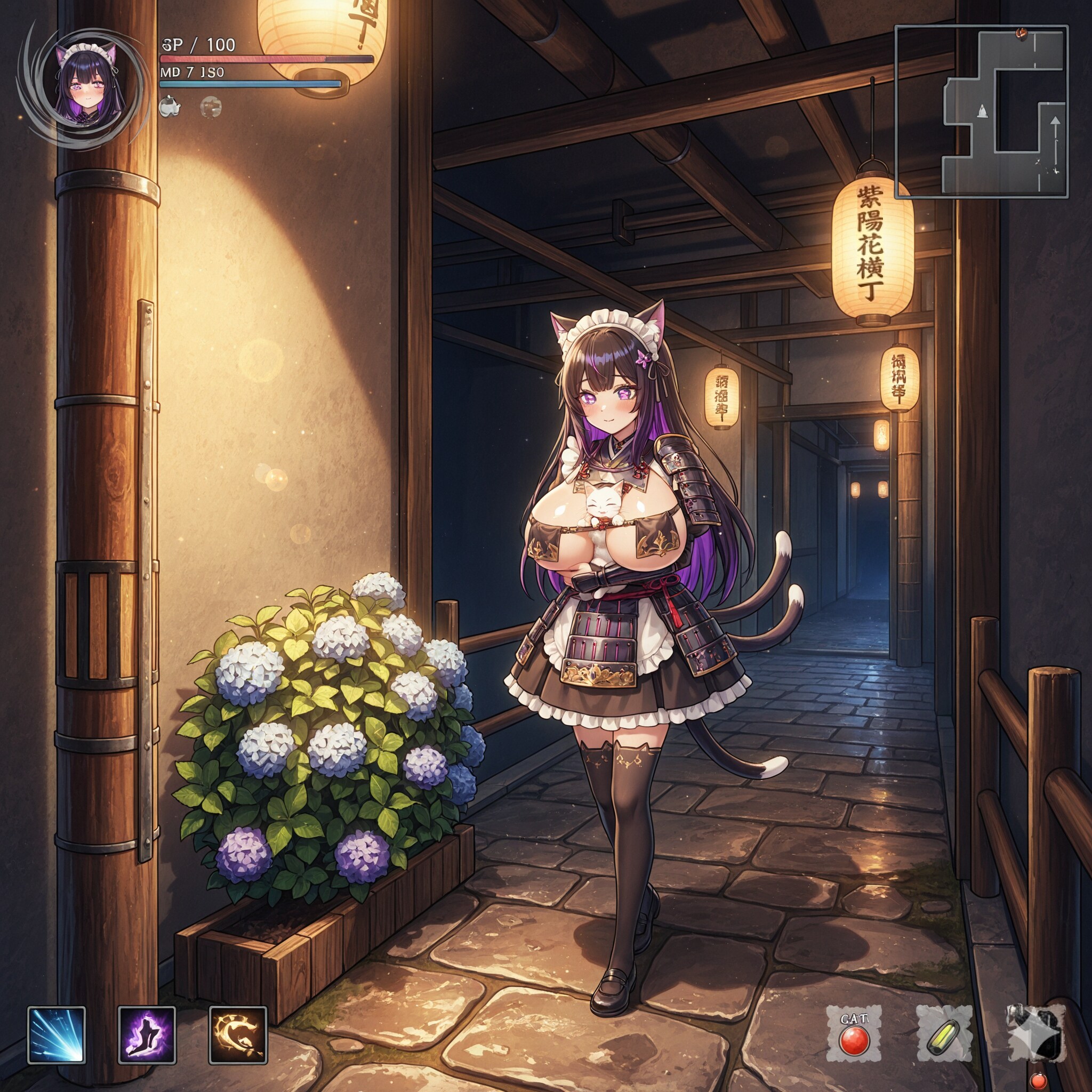 紫陽花横丁を歩く鎧武者メイド
