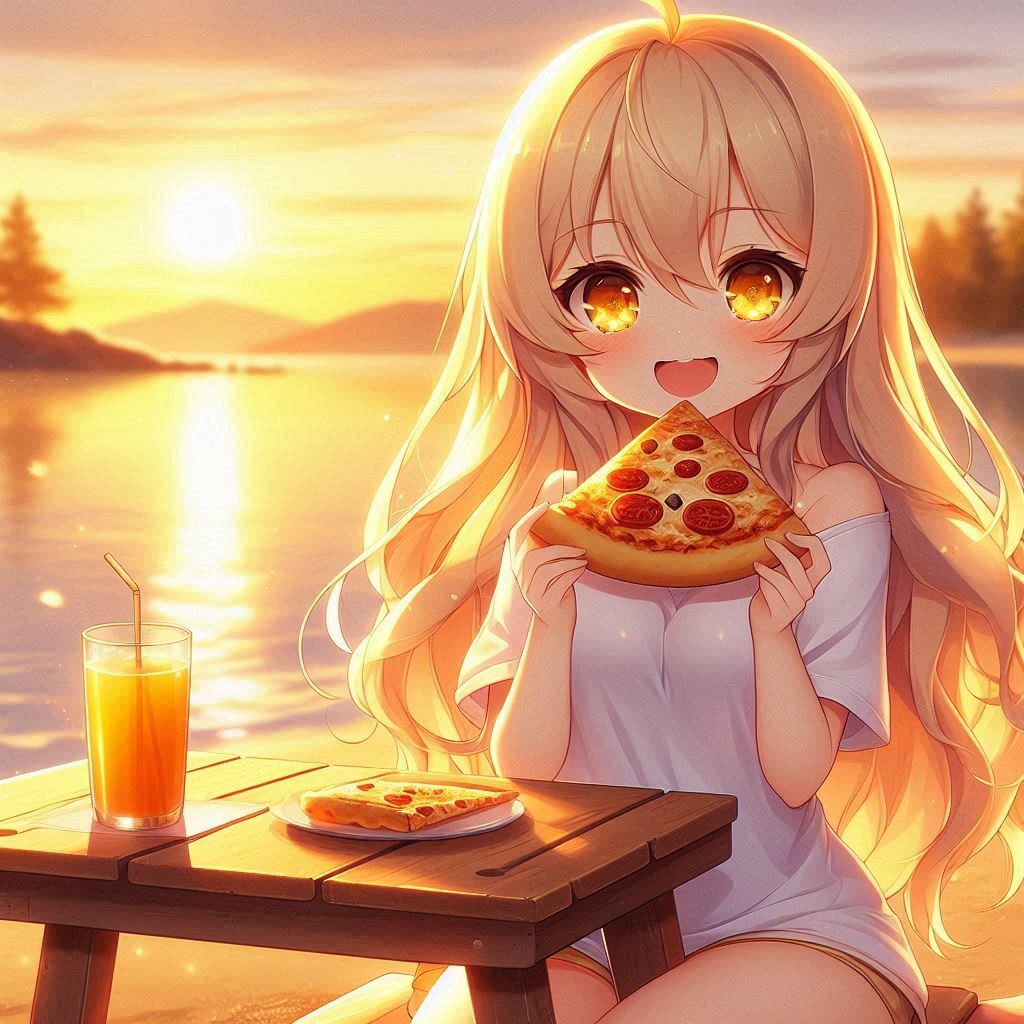 夕日の海辺で、ピザとちびエリザベス