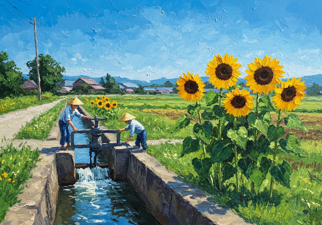 ヒマワリのある風景32・灌漑用水路