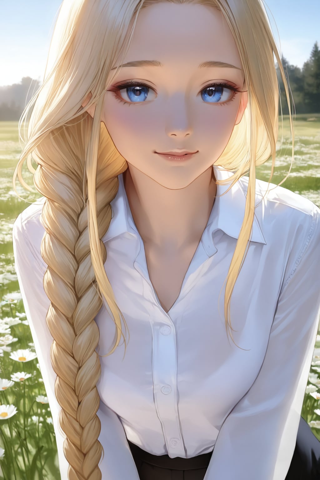 ロングヘアーを一つの三つ編みにしたブロンドさん
