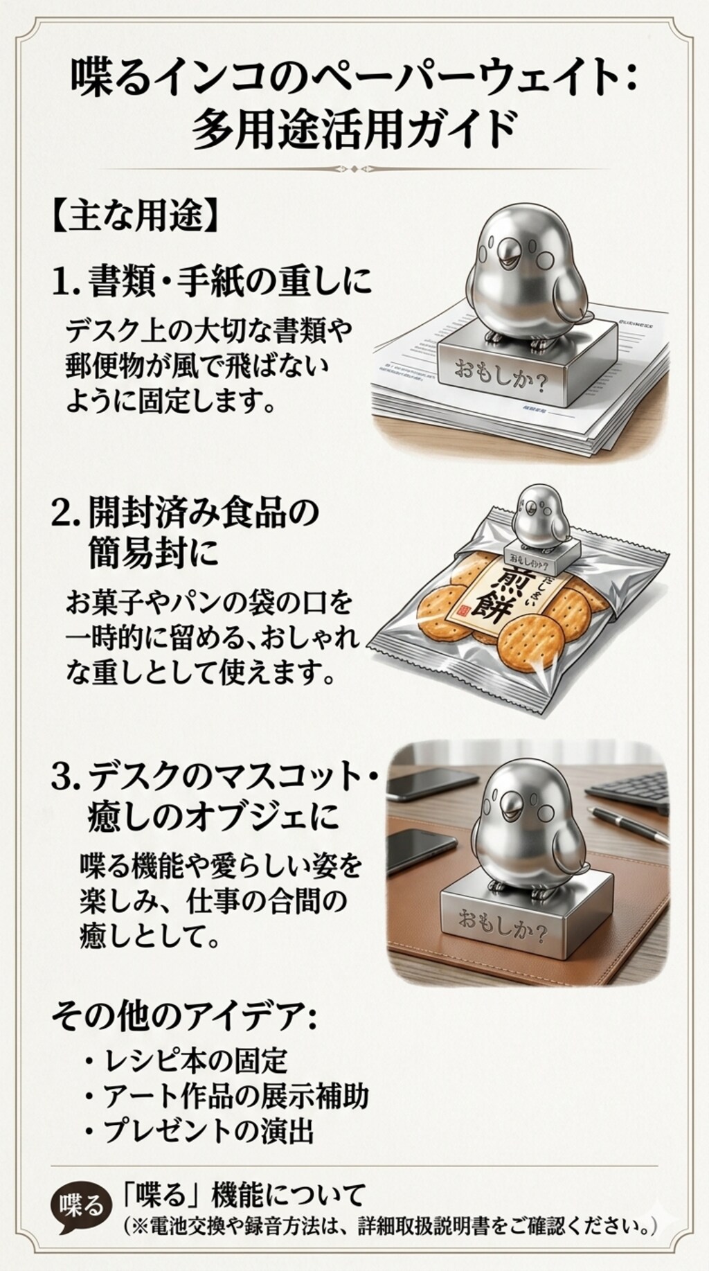 インコの銀色ペーパーウェイト説明書