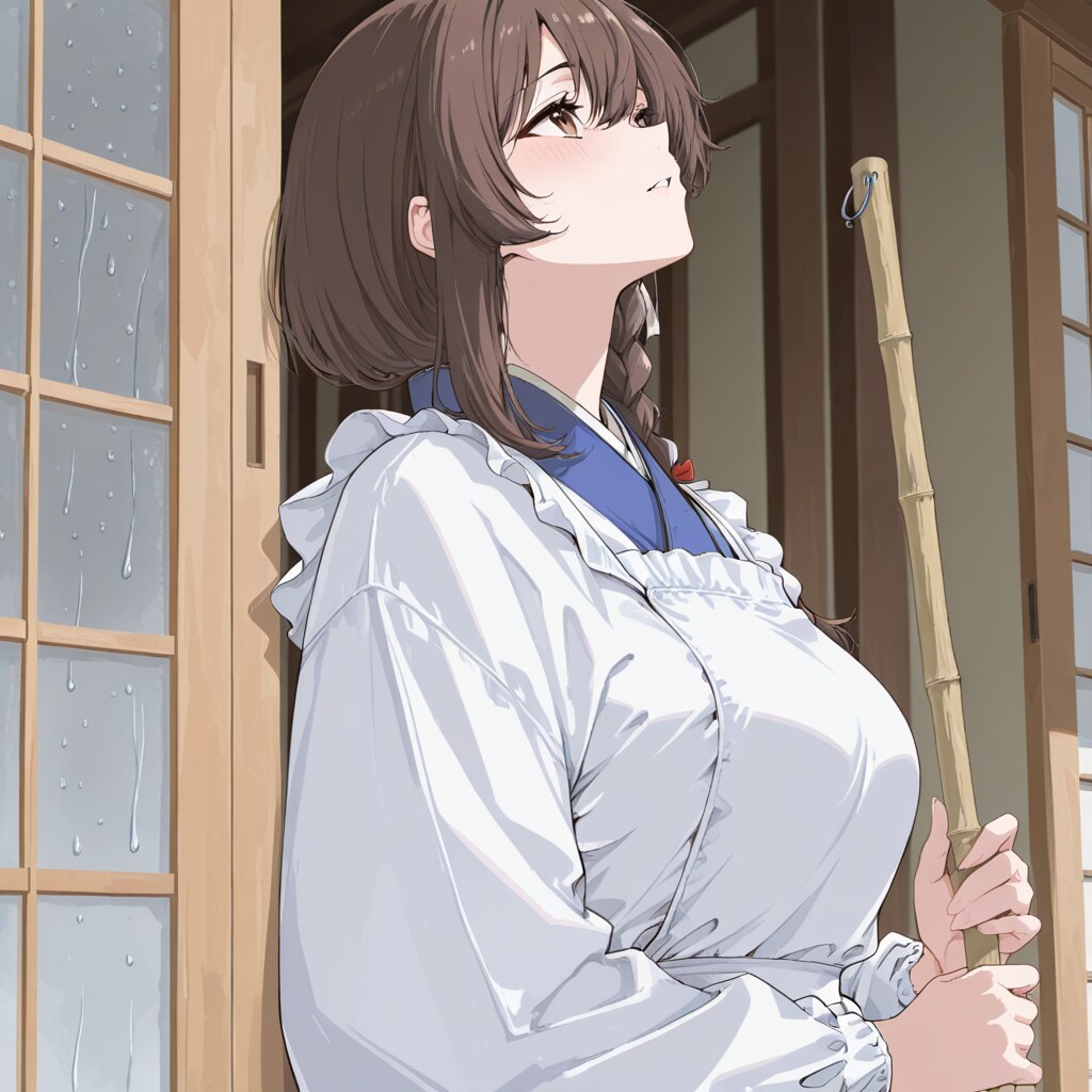 割烹着の妻　雨まだやまないなあ
