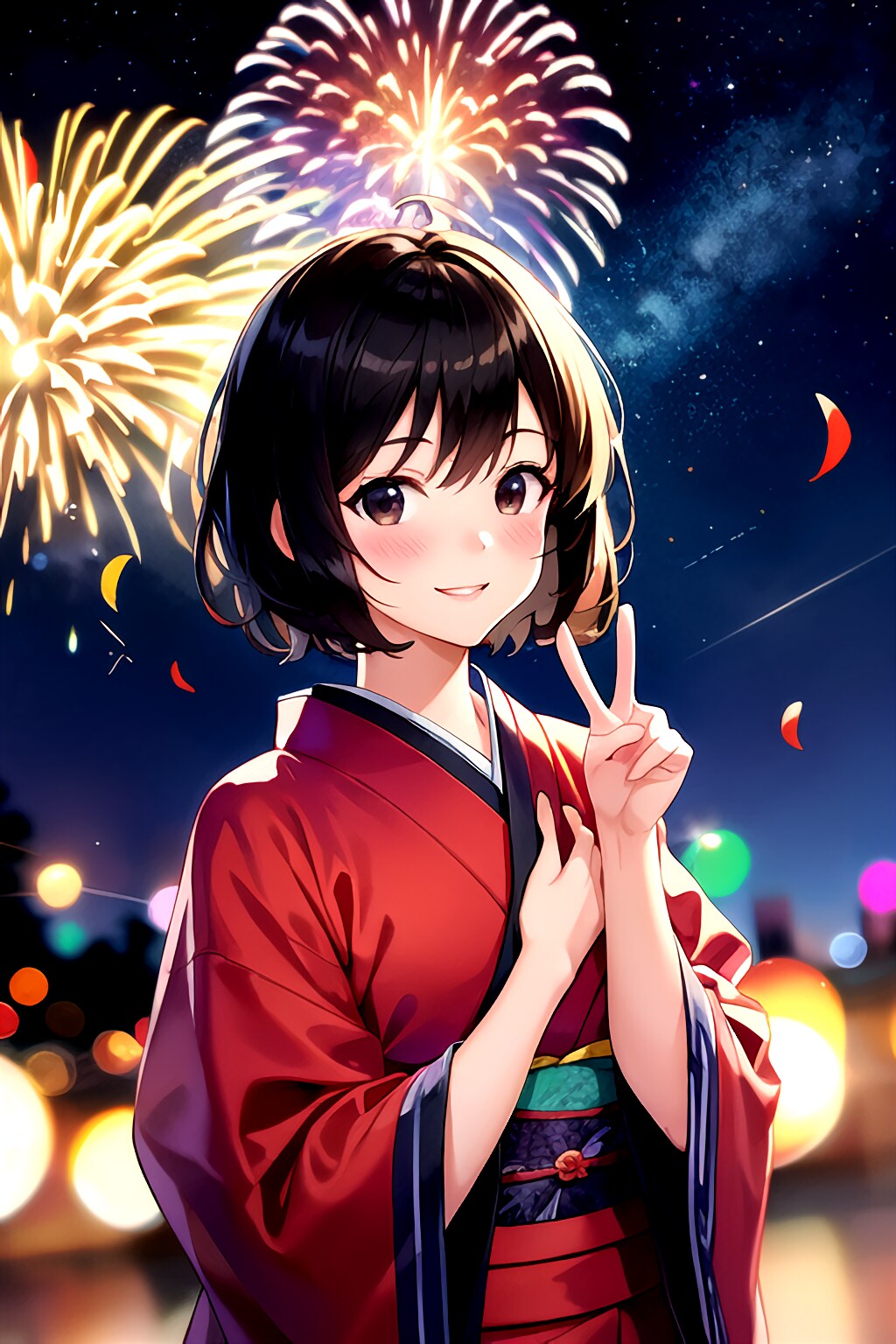 花火大会でピース(うちの子全員集合)