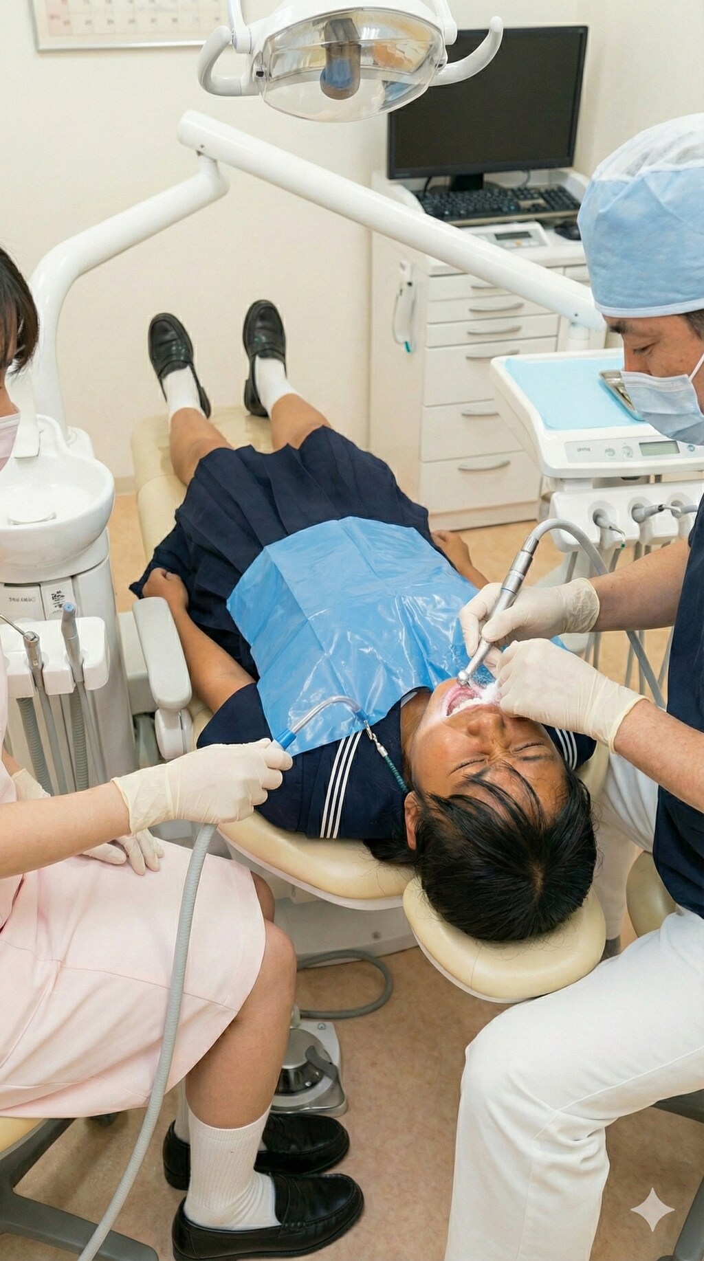 口腔内にエアタービンが入れられ虫歯を削られているセーラ服く姿の女子高生②