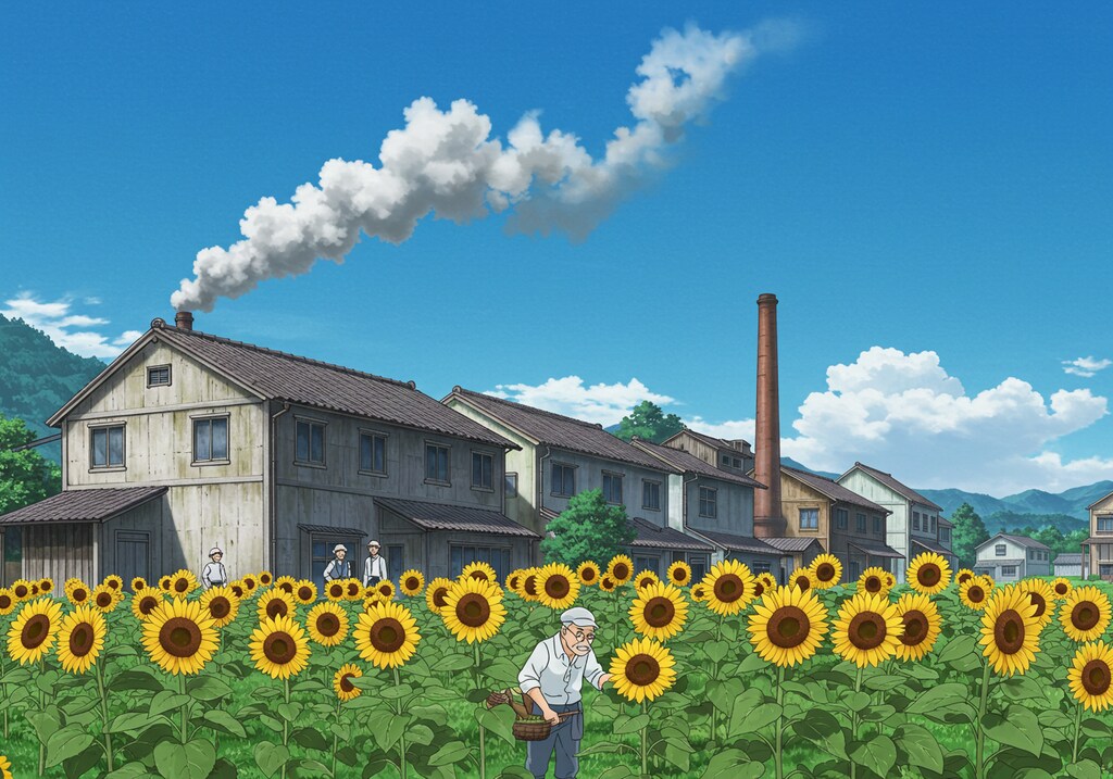 ヒマワリのある風景１・工場今昔